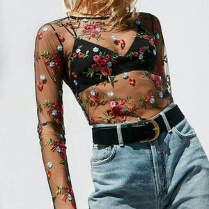 Urban Outfitters Embroidered Floral Mesh Top